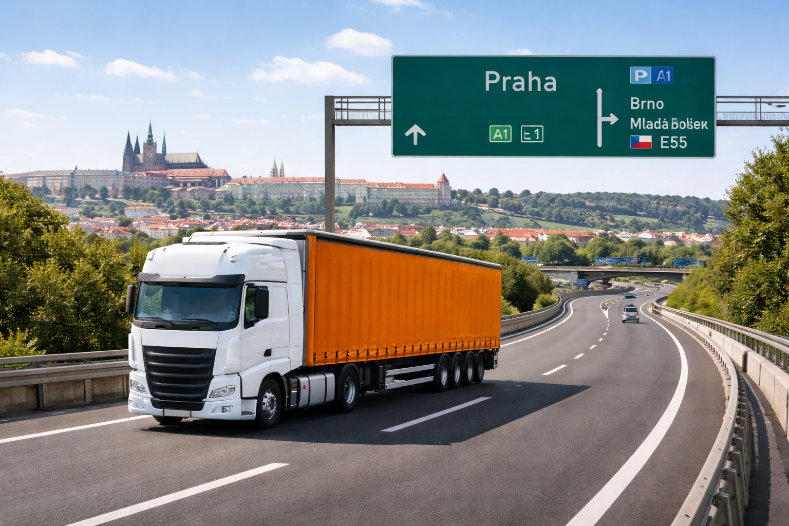 Moderne vrachtwagen op Europese snelweg in Tsjechië, symbool voor efficiënt en digitaal wegtransport van en naar Tsjechië via Beurdie.com.