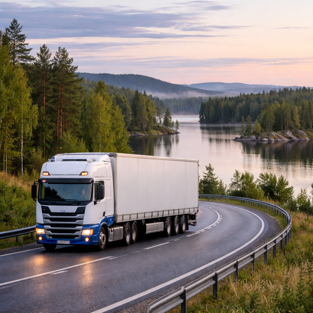 Road freight transport to Finland, showing reliable European logistics connections for pallet shipments, partial loads, full truckloads and express deliveries via Beurdie.com.