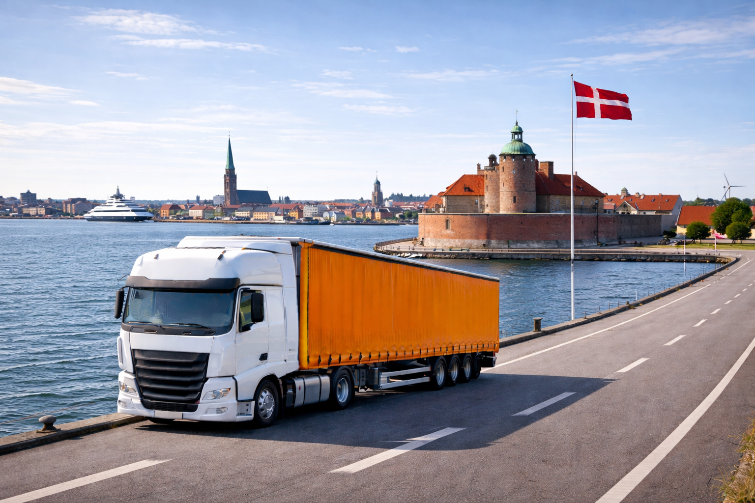 Vrachtwagen voor internationaal wegtransport van en naar Denemarken, symbool voor betrouwbaar Europees groupage-, LTL- en FTL-transport via Beurdie.com.