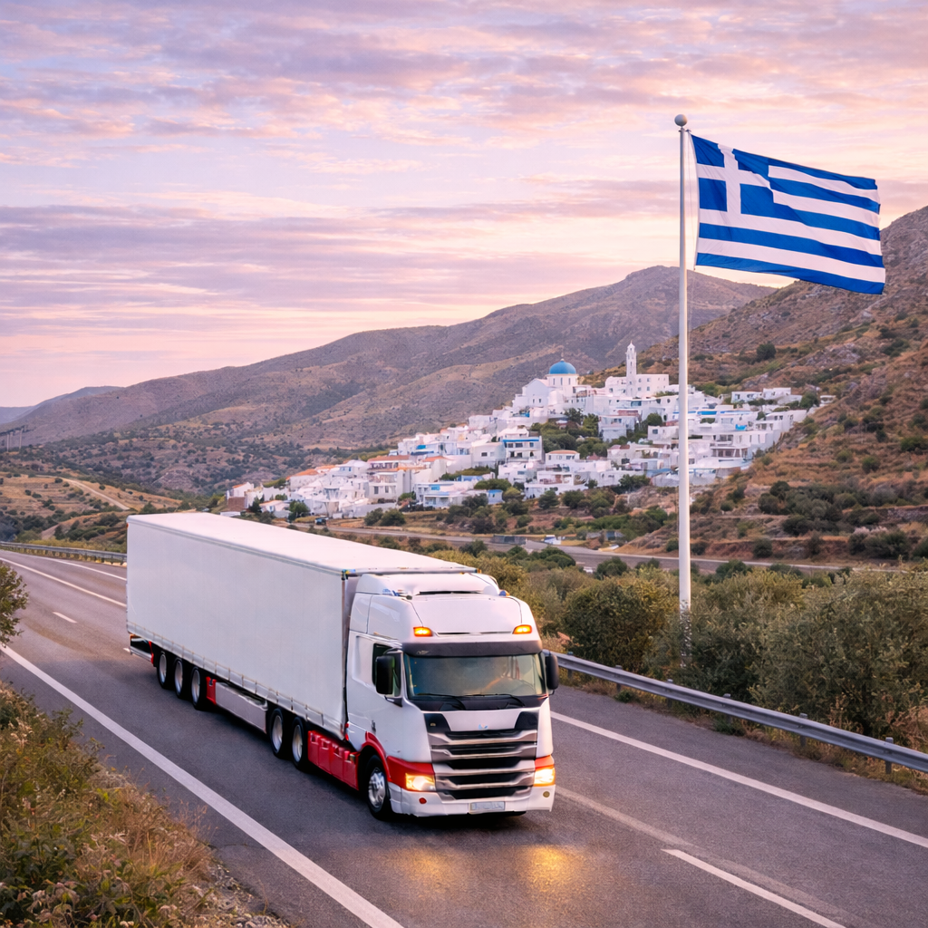 Moderne vrachtwagen in Beurdie-stijl op een Europese route richting Griekenland, als visuele weergave van digitaal wegtransport, pallet- en groupagevervoer met directe prijsinzichten en betrouwbare levering binnen Europa.